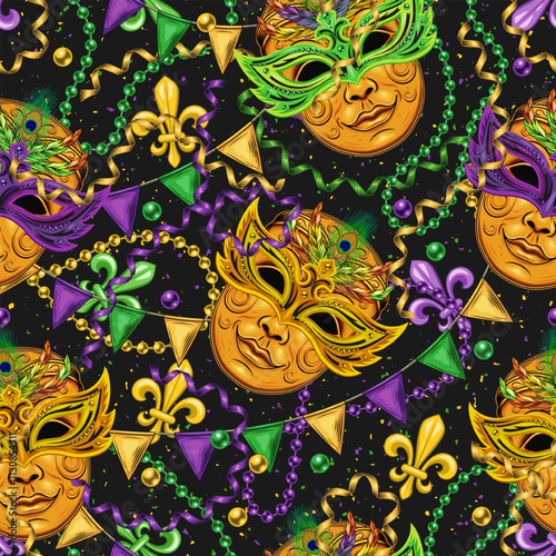 Carnival Mardi Gras themed pattern with golden venetian face mask with feathers, scattered trinket, streamer ribbons, strings of beads. Textured black background