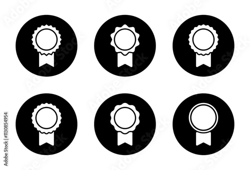 Award badge icon on black circle. Medal ribbon sign symbol