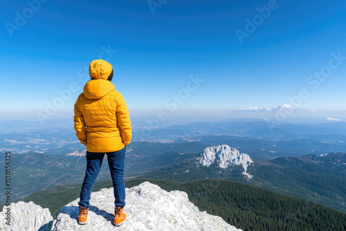 Mountain peak view, individual gazing into the distance, embracing future challenges, surrounded by breathtaking landscapes, sense of adventure. photo