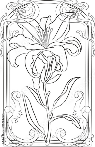 Designed with an iris flower in the style of Art Nouveau. Beautiful iris flower vintage floral composition