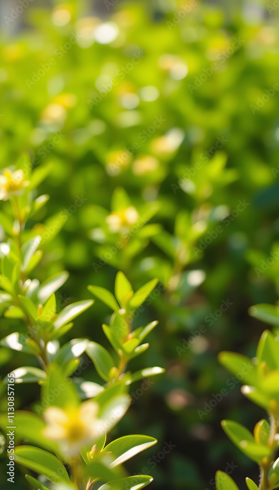 Obraz premium A fresh spring green garden foliage background with blurred bokeh, vibrant, with white tones