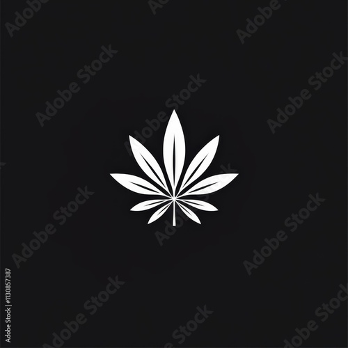 Black and white cannabis leaf logo icon on a solid black background for branding purposes photo