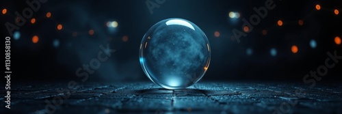 Glass ball reflecting abstract dark background smoke, neon lights on wet asphalt, 3D illustration, scene, empty, background photo