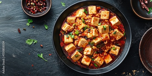 Savory Mapo tofu, a delicious beancurd dish prepared in a spicy Sichuan style, showcases the rich flavors of Mapo tofu, making it a favorite for those who enjoy bold culinary experiences. photo