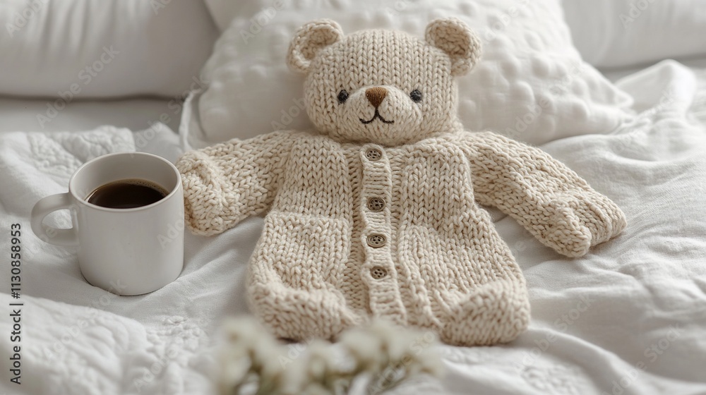 Fototapeta premium Knitted teddy bear in outfit on bed with coffee.