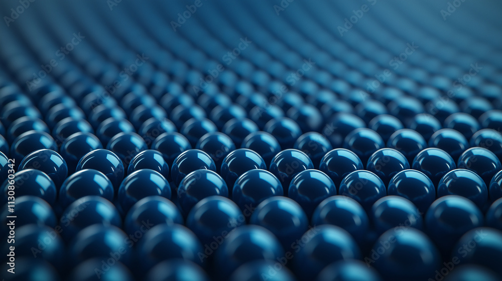 Fototapeta premium close up view of numerous blue polymer beads arranged in wave pattern, showcasing their smooth, glossy surface and uniform size. image highlights beads reflective quality and orderly alignment