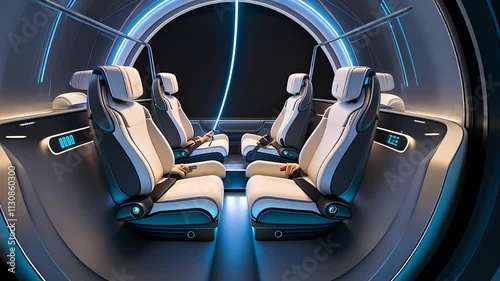 Futuristic Passenger Capsule with Sleek Modern Seats and Blue Ambient Lighting in a High-Tech Transportation System

 photo
