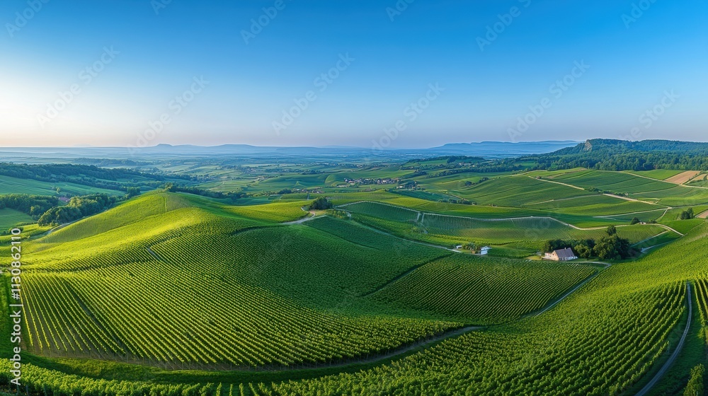 Obraz premium Breathtaking Scenic View of Lush Green Vineyards Under Blue Sky