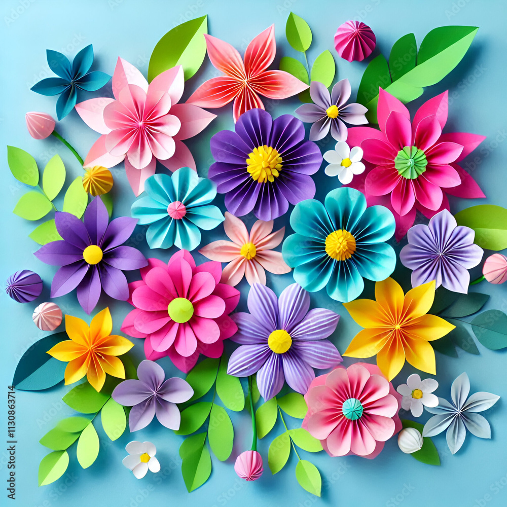 top view of colorful paper cut flowers with green leaves on blue background with copy space top view of colorful paper cut flowers with green leaves on blue background with copy space