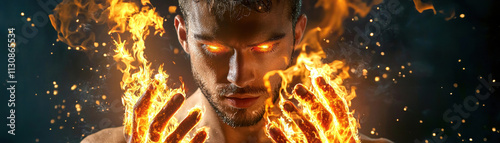 A man surrounded by fire with glowing eyes and intense expression.