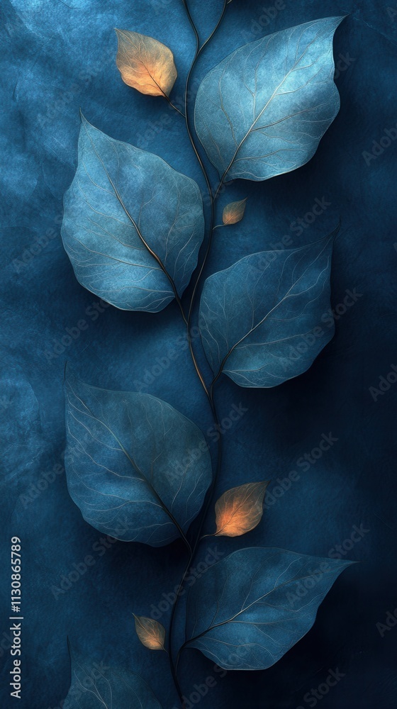 Obraz premium A serene composition of blue-toned leaves with subtle highlights, evoking tranquility.