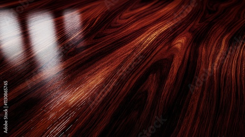 Dark mahogany wooden table, glossy finish, deep grain, reflective surface, rich and luxurious feel
