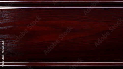 Dark mahogany wooden table, glossy finish, deep grain, reflective surface, rich and luxurious feel