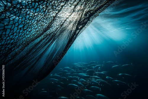 An empty fishing net floating in the ocean, with a faint school of fish in the distance, symbolizing overfishing effects.