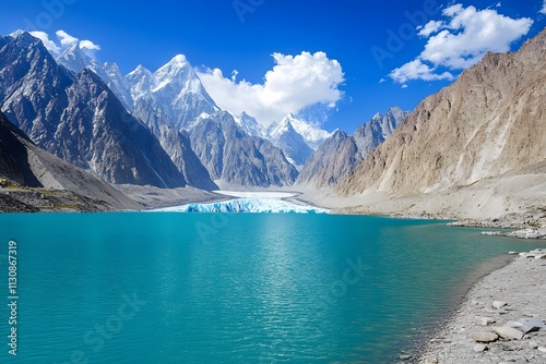 A wide shot of a glacier melting into turquoise waters, with dramatic mountain peaks in the background.  photo