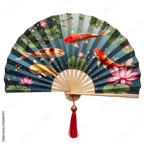 Vibrant fan with koi fish and lotus flowers capturing tranquility and nature s beauty, illustration of decorative art concept. photo