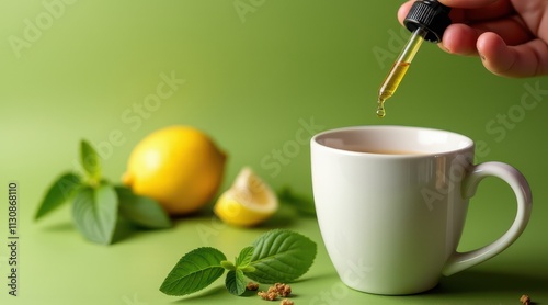 A hand uses a dropper to add essential oil to tea, with fresh mint and lemon on a vibrant green background