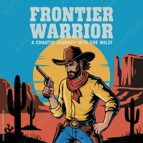 Frontier warrior logo with cowboy and desert background