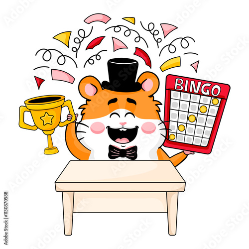 Adorable hamster character celebrating a bingo championship victory with funny and happy emotion, cartoon style, perfect for kids