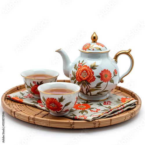 Elegant floral tea set on a bamboo tray with cups and refreshing brew, photography of still life concept.