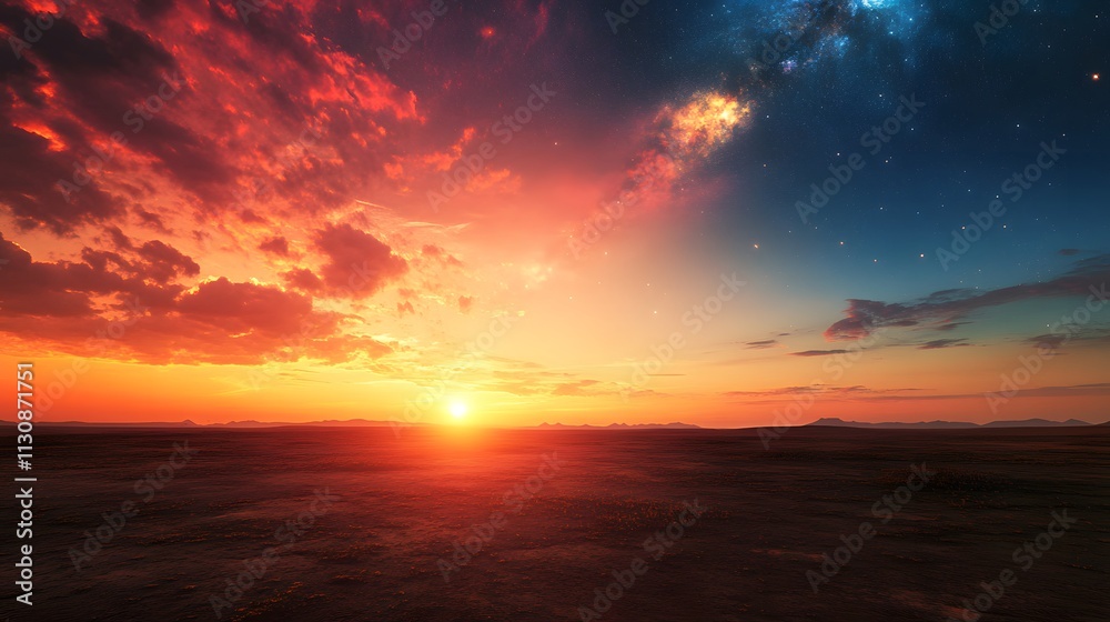 Fototapeta premium Fiery Sunset Over a Desolate Martian Landscape With Stars
