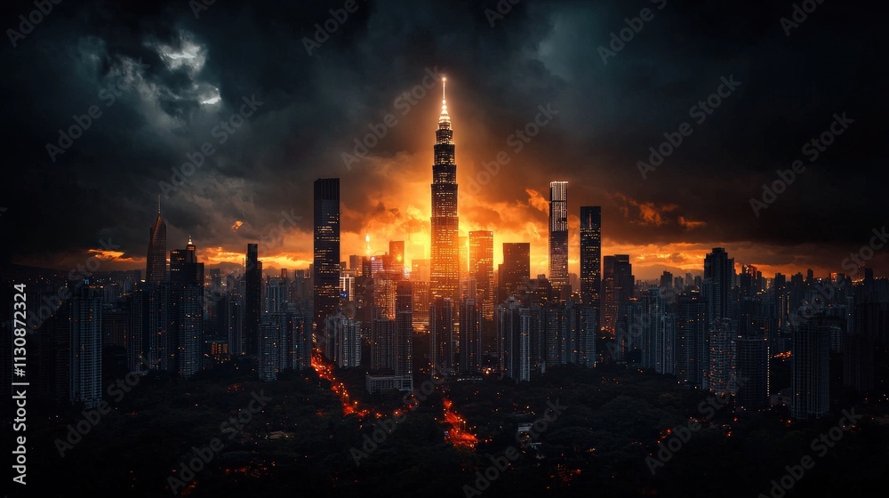 Fototapeta premium Dynamic urban transformation city skyline digital holograms dusk environment futuristic concept for optimizing technology