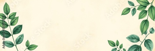 Green watercolor leaves on vintage paper with blank space, copy space, texture, vintage