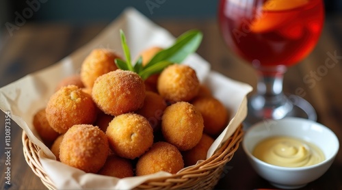 Golden breadcrumbs cover savory snacks in a basket, beautifully paired with a creamy dip and a vibrant red cocktail on a rustic wooden table