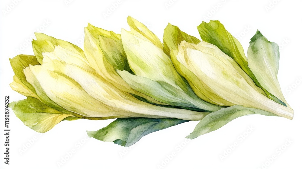 Obraz premium Serene watercolor endive leaves pale yellow green hue delicate fresh vibrant nature botanical illustration painting art vegetable food plant leaf