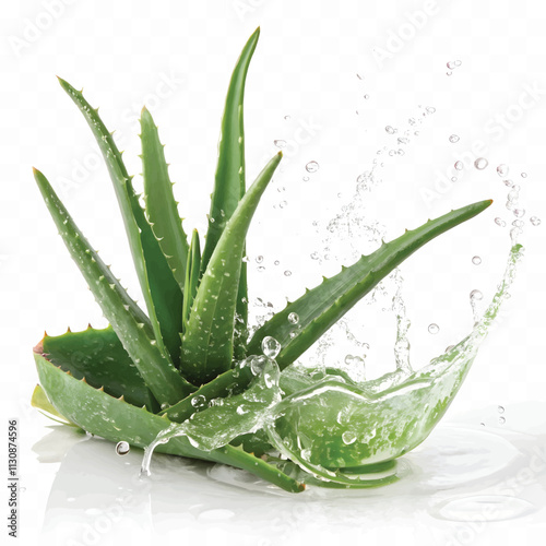 Fresh green aloe vera in splash of juice isolated on white background