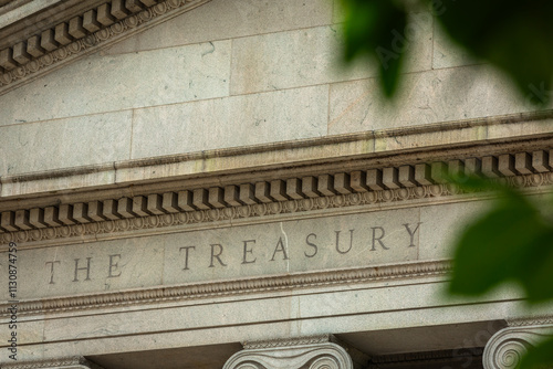 Facade of the US Treasury Department in Washington, DC, Close-up with Copy Space