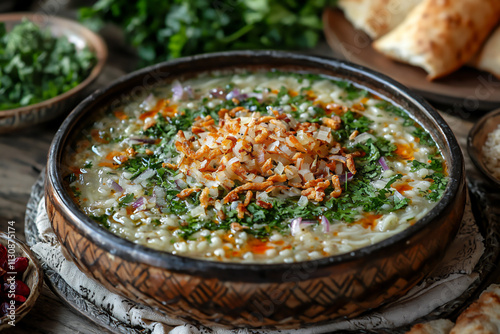 A plate of Persian ash reshteh (herb and noodle soup) topped with fried onions and kashk, served in a traditional Iranian kitchen photo