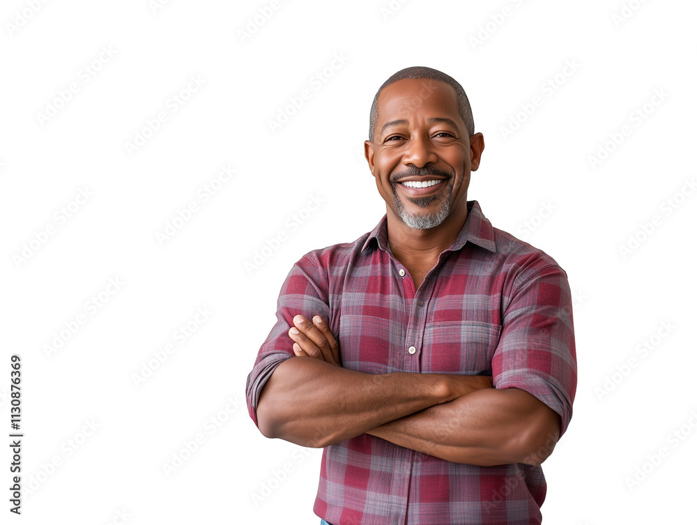 Fototapeta premium Smiling African American man in casual shirt crossing arms confidently isolated on transparent background cutout