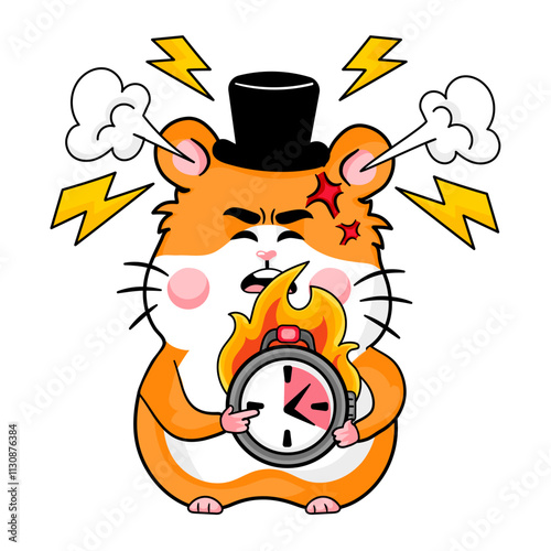 Adorable hamster mascot character expressing anger at someone being late or missing a deadline, funny and relatable emotion, cartoon style for kids