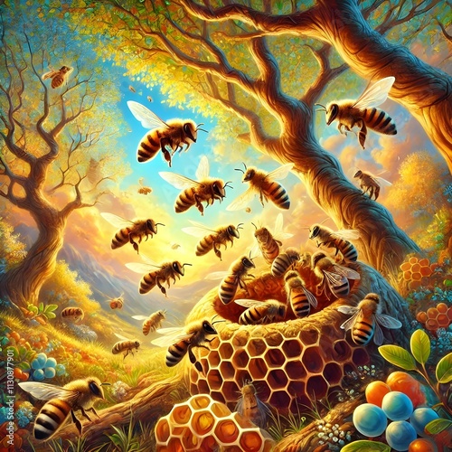 a group of honey bees make honey in their nest under tree branches, the weather is bright and colorful