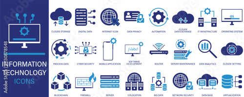 Information technology icon set, IT icons containing cloud computing, IT manager,  data analytics, internet, network security, programming, network technology icons set isolated on white background.