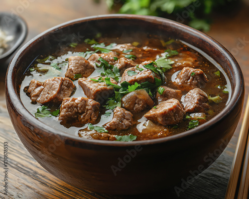 A bowl of Chinese yang rou tang (lamb soup) simmered with herbs, served in a rustic clay bowl with traditional chopsticks photo