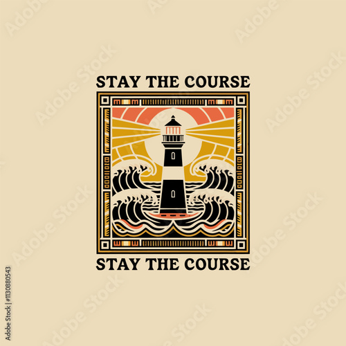 Lighthouse logo with waves, sun, and inspiring message