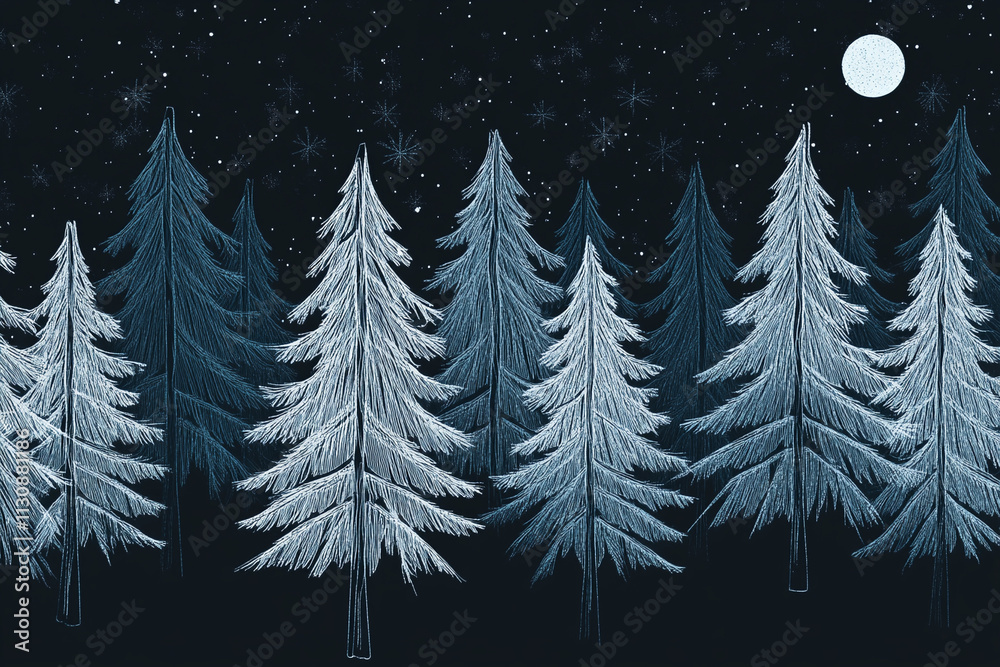 Obraz premium A serene winter landscape features snow-covered evergreen trees set against a dark, starry night. The composition creates a peaceful atmosphere perfect for holiday greetings and celebrations.