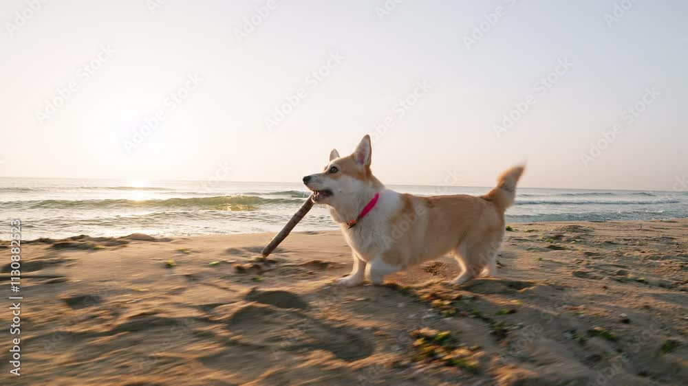 Close-up dog corgi plays runs with stick on sea sandy beach during sunrise summer. Dod silhouette against glowing horizon calm water surface, creating warm coastal atmosphere. Pet care. Nature. Travel