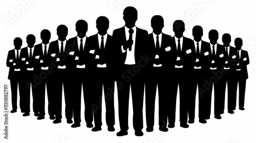 A black silhouette illustration of a group of business people standing in a semi-circle. They are wearing suits and ties. The man in the front is holding a microphone. The background is white.