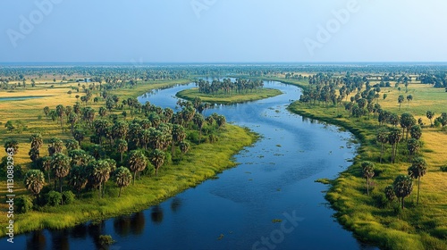 A wetland teeming with birdlife and surrounded by tall grasses 