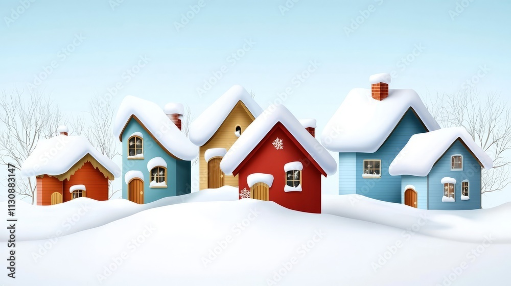 Fototapeta premium Vector Christmas village with simple, colorful houses and snow-covered roofs