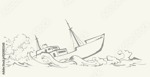 Shipwreck in the waves. Vector drawing