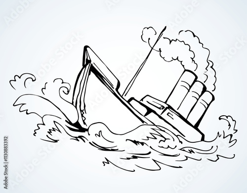 Shipwreck in the waves. Vector drawing