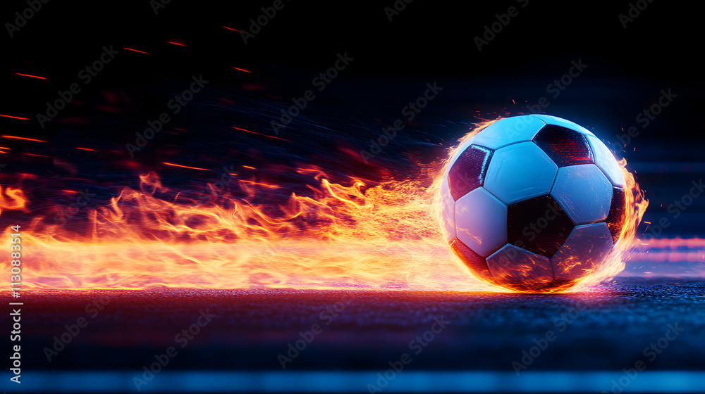 Naklejka premium A Dynamic Display of Energy: Soccer Ball Enveloped in Fiery Flames Representing Speed and Passion in Sports.