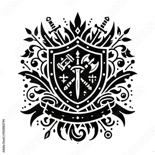 Medieval fantasy game shield with crossed weapons and floral ornaments on transparent background