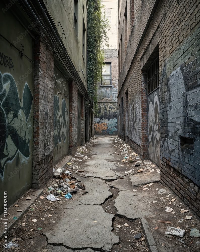Fototapeta premium Derelict Alleyway with Faded Murals and Cracked Pavement View
