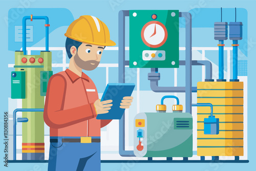 Maintenance worker with gas tanks and boilers, holding tablet in industrial room.   Complex control panel in background.