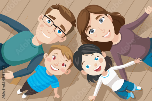 A cartoon family of four posing on a wooden floor with big smiles. Father in glasses, mother with curly hair, two sons in green and white clothes.